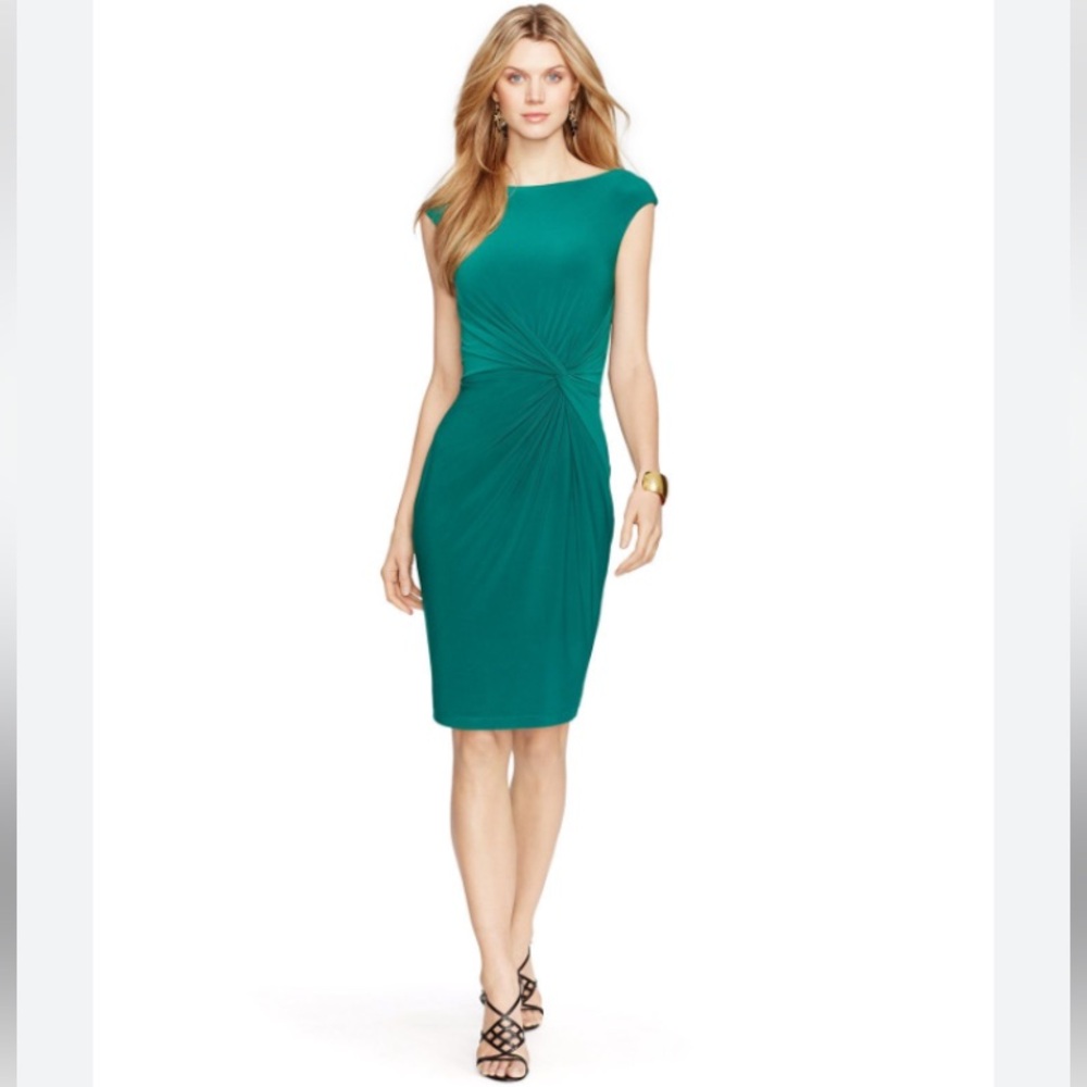 LAUREN Ralph Lauren stretch cap-sleeve Kelly green midi fitted twist-front dress